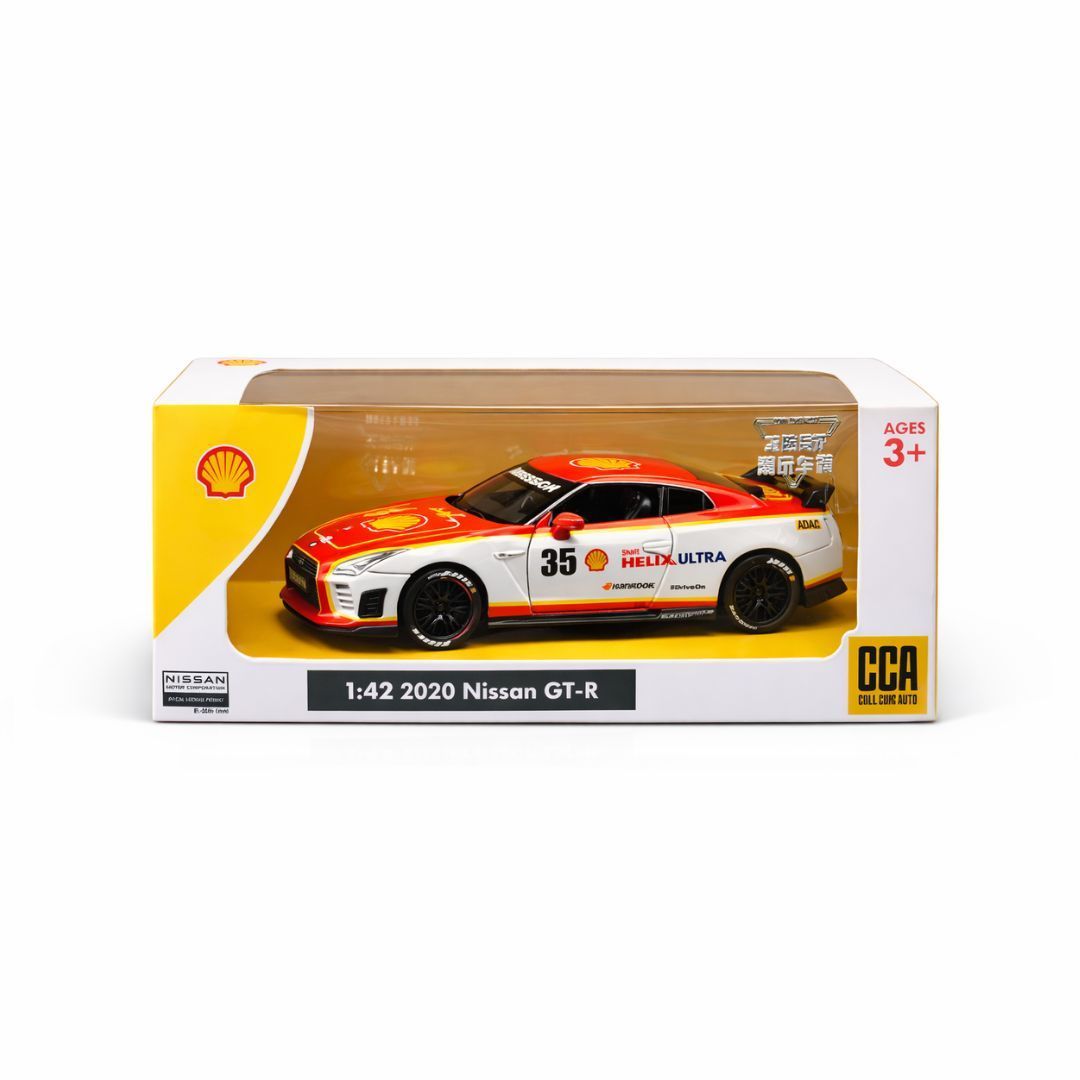 CCA Cool Chic Auto 2020 Nissan GT-R (R35) – White & Orange | 1:43 Scale Die-Cast Model with Opening Doors & Pull-Back