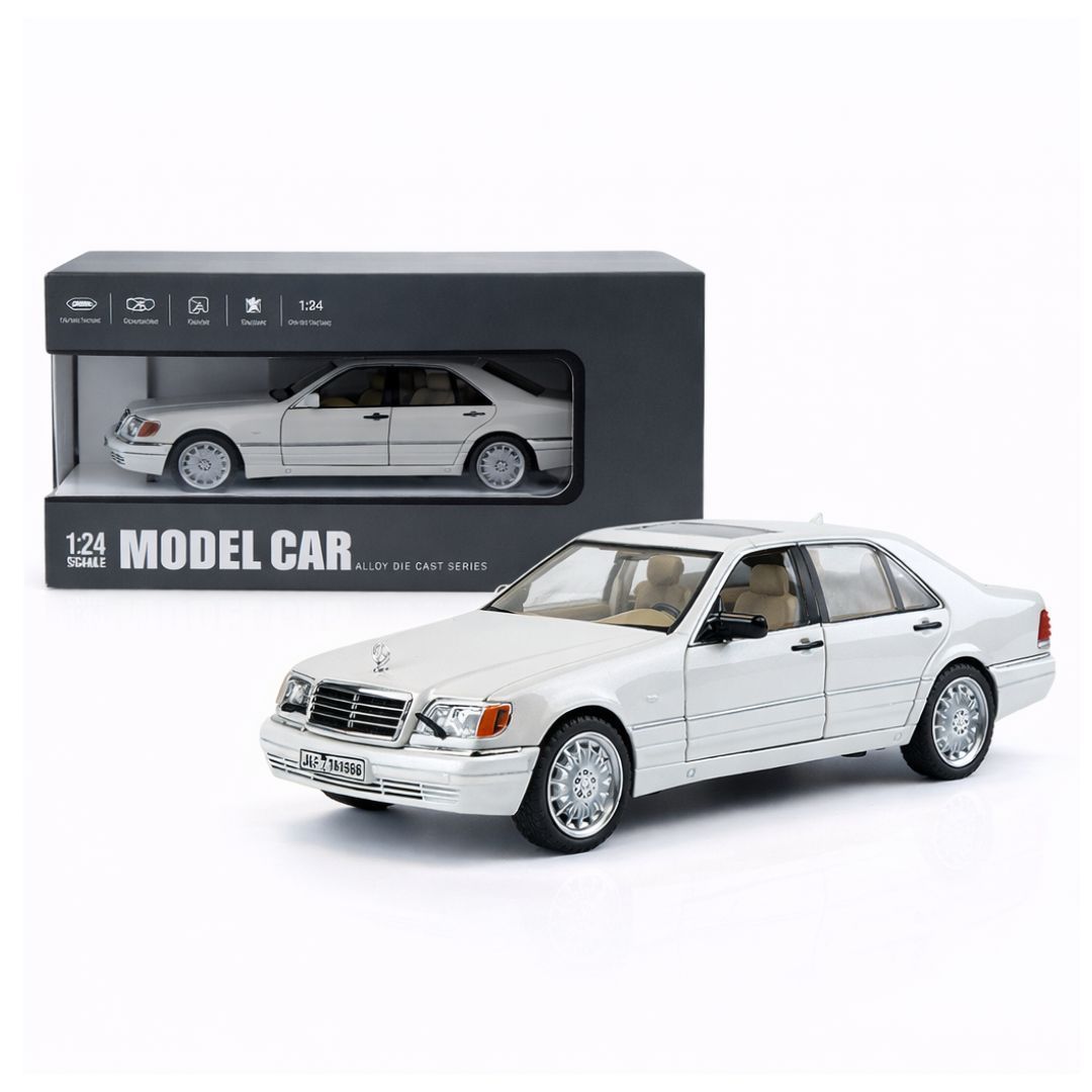 1:24 Scale Mercedes-Benz S-Class W140 320SEL – Silver | Premium Alloy Die-Cast Car with Openable Doors, Pull-Back, Lights & Sound (India)