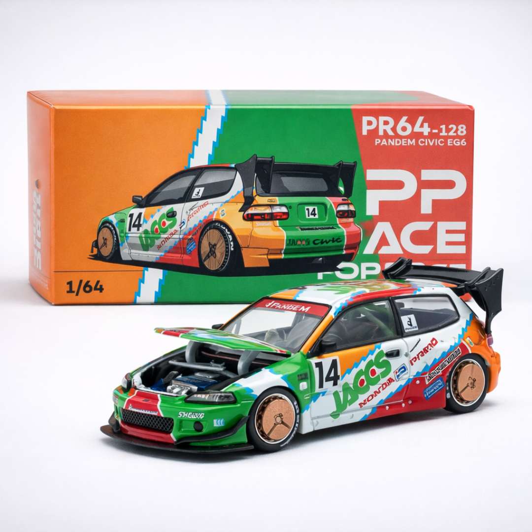 POP RACE PR64-128 Pandem Honda Civic EG6 JACCS v1.5 – 1:64 Premium Die-Cast Model (Widebody JDM)